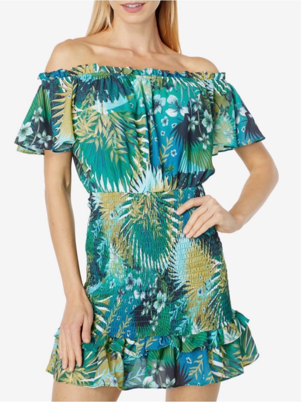 Bebe Green Floral Off-Shoulder Tropical Ruched Mini Dress Ruffle Hem Size XL